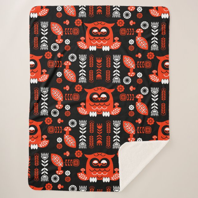 Nordic Owl - Orange und Black Folk Art Sherpadecke (Vorderseite)