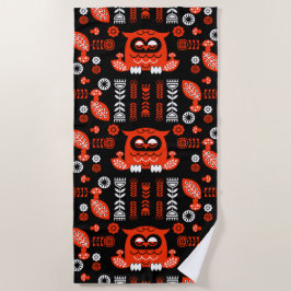 Nordic Owl - Orange und Black Folk Art Strandtuch