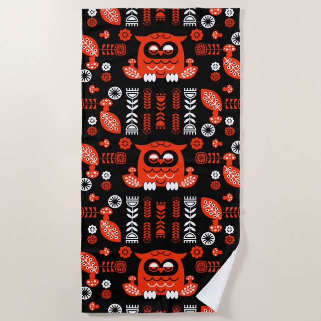 Nordic Owl - Orange und Black Folk Art Strandtuch (Vorderseite)