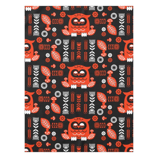 Nordic Owl - Orange und Black Folk Art Tischdecke (Vorderseite)