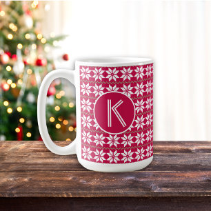 Nordic Pattern Crimson Red Angepasste Monogramme Kaffeetasse