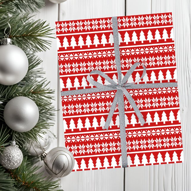 Nordic Red & White Christmas Tree Streifenmuster Seidenpapier (Nordic Red & White Christmas Tree Striped Pattern Tissue Paper)
