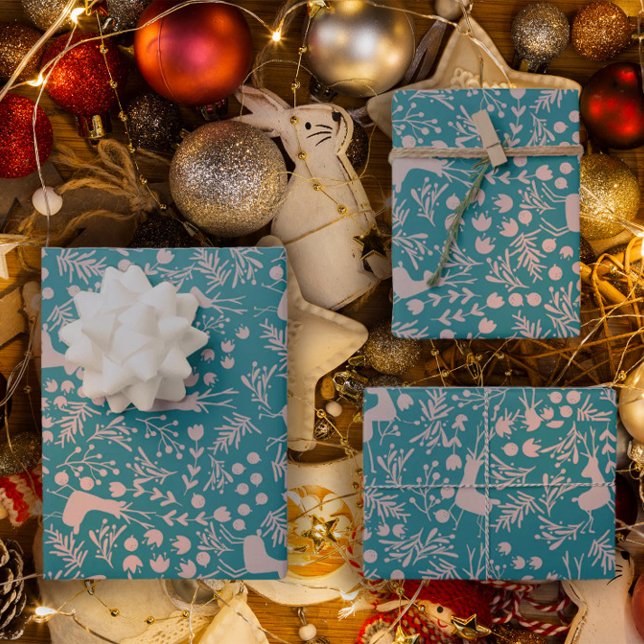 Nordic Reindeer Floral | Blush on Teal Christmas P Geschenkpapier Set (Von Creator hochgeladen)