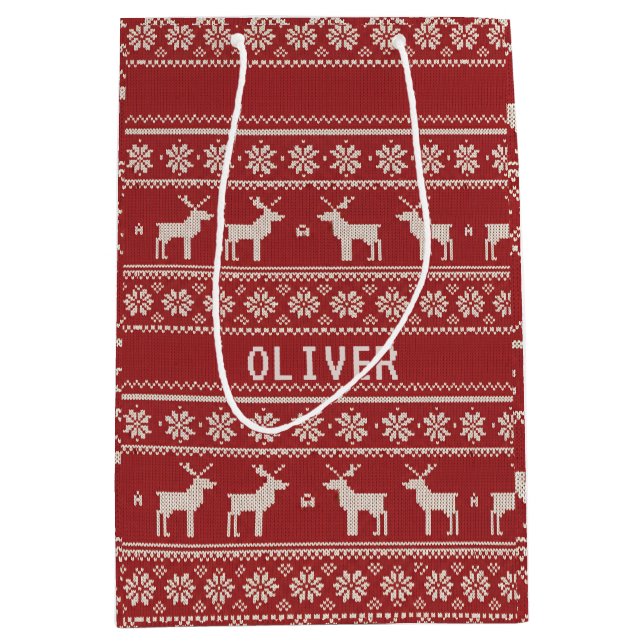 Nordic Reindeer Knit Pattern Personalized Mittlere Geschenktüte (Vorderseite)