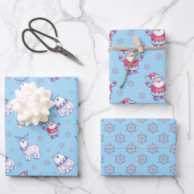 Nordic Santa and Animals Muster auf blau Geschenkpapier Set (Vorderseite)