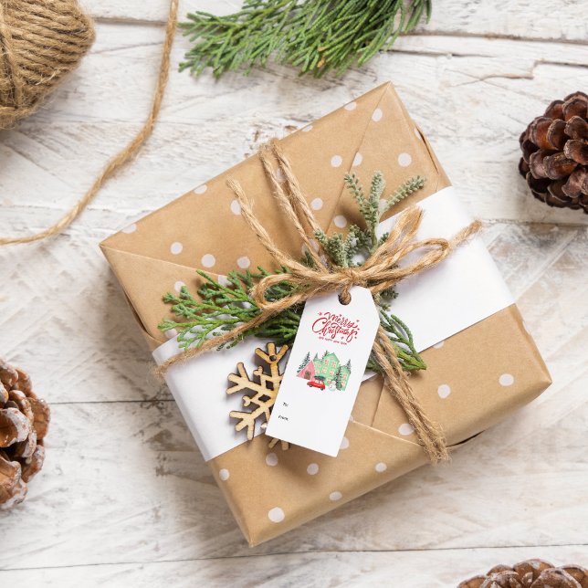 Nordic Snowy House & Red Car Weihnachten Geschenkanhänger (Von Creator hochgeladen)