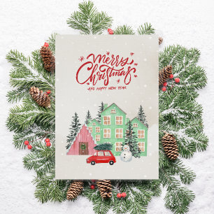 Nordic Snowy House und Red Car Weihnachten