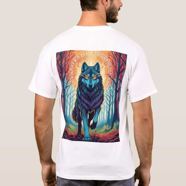 Nordic Spirit Wolf T-Shirt with Runes and Forest  (Rückseite)