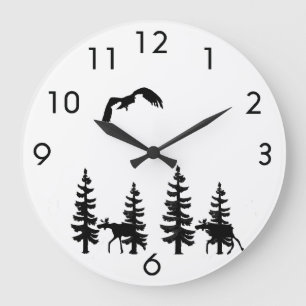 Nordic stil pine trees silhouettes moose in black große wanduhr