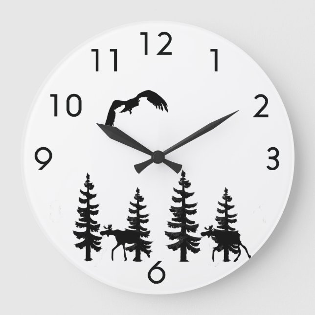 Nordic stil pine trees silhouettes moose in black große wanduhr (Vorderseite)