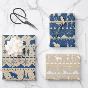 Nordic Sweater Beige Blue White Winter Animals Geschenkpapier Set