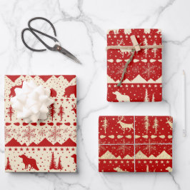 Nordic Sweater Beige & Gold Winter Animals Red Geschenkpapier Set