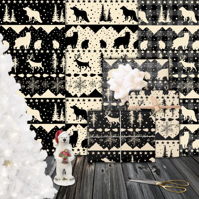 Nordic Sweater Beige Karierte Wintertiere Geschenkpapier Set (Nordic Sweater Beige Black Plaid Winter Animals Wrapping Paper Sheets)