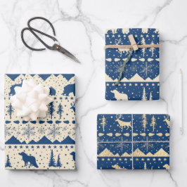 Nordic Sweater Beige Navy & Gold Wintertiere Geschenkpapier Set