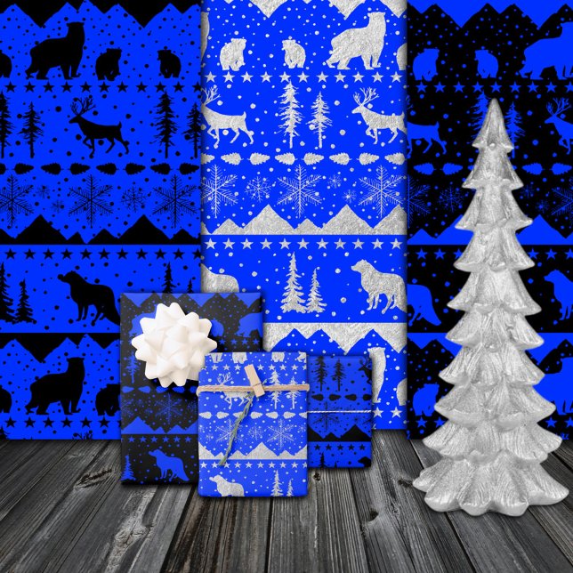 Nordic Sweater Black Blue Silver Winter Animals Geschenkpapier Set (Nordic Sweater Black Blue Silver Winter Animals Wrapping Paper Sheets)