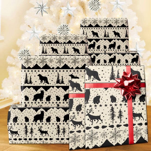 Nordic Sweater Black Winter Animals Beige Geschenkpapier (Nordic Sweater Creamy White & Black Winter Animals Christmas Holiday Wrapping Paper Rolls)