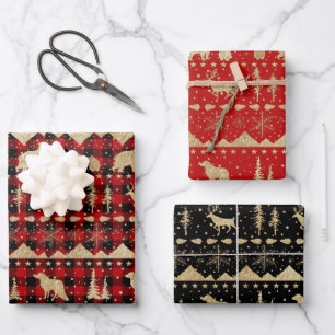 Nordic Sweater Buffalo Kariert Gold Winter Animals Geschenkpapier Set