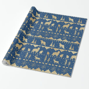 Nordic Sweater Gold Winter Animals Navy Blue Geschenkpapier