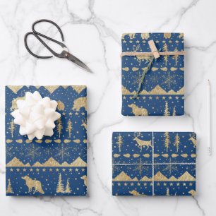 Nordic Sweater Gold Winter Animals Navy Blue Geschenkpapier Set