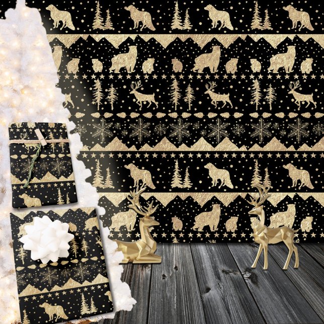 Nordic Sweater Gold Wintertiere Schwarz Geschenkpapier Set (Nordic Sweater Gold Winter Animals Black Christmas Holiday Gift Wrapping Paper Sheets Trio)