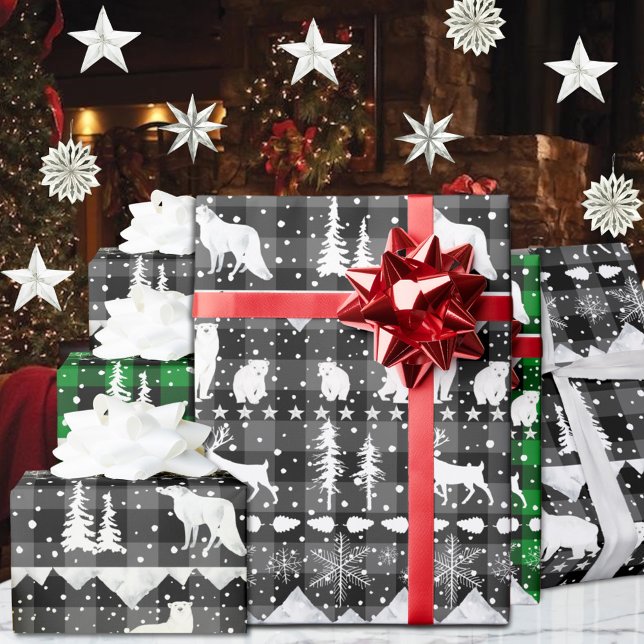 Nordic Sweater Gray Kariert White Winter Animals Geschenkpapier (Nordic Sweater Gray Black Buffalo Plaid White Winter Animals Christmas Holiday Wrapping Paper Rolls)
