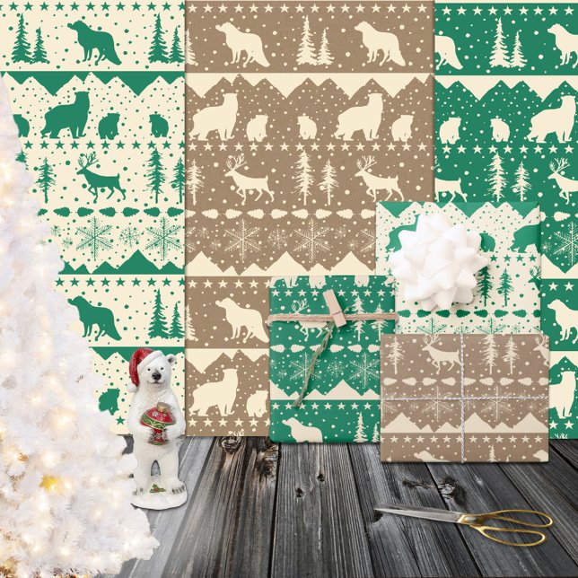 Nordic Sweater Green Beige Kraft Wintertiere Geschenkpapier Set (Nordic Sweater Green Beige Kraft Winter Animals Wrapping Paper Sheets)