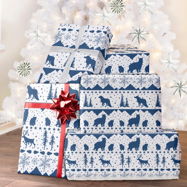 Nordic Sweater Navy Blue Winter Animals White Geschenkpapier (Nordic Sweater Theme White & Blue Winter Animals Christmas Holiday Wrapping Paper Rolls)