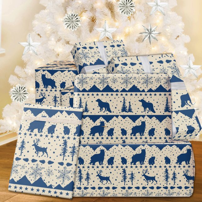 Nordic Sweater Navy Blue Winter Tiere Beige Geschenkpapier (Nordic Sweater Creamy White & Blue Winter Animals Christmas Holiday Wrapping Paper Rolls)