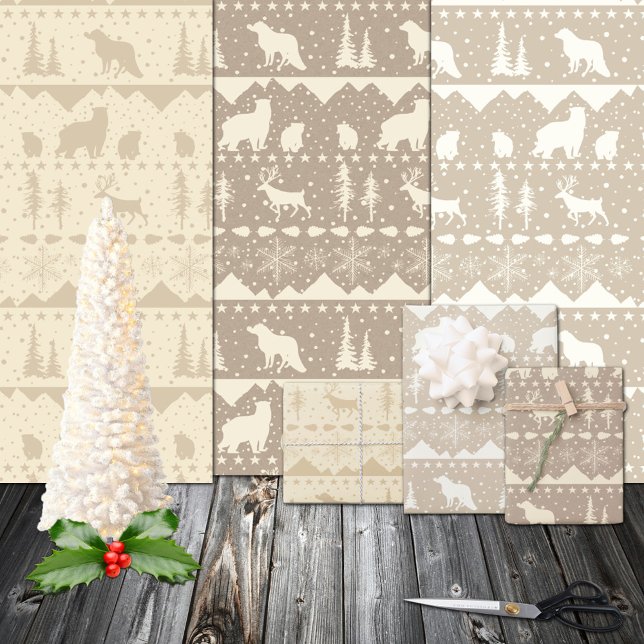 Nordic Sweater Neutral Kraft Beige Wintertiere Geschenkpapier Set (Winter Spruce Pine Branch Cones Red Ilex Berries Gift Wrapping Paper Christmas Holiday Sheets Trio)