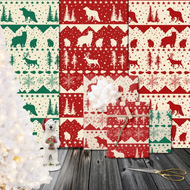 Nordic Sweater Red Green & Beige Winter Animals Geschenkpapier Set (Nordic Sweater Red Green & Beige Winter Animals Christmas Holiday Gift Wrapping Paper Sheets)