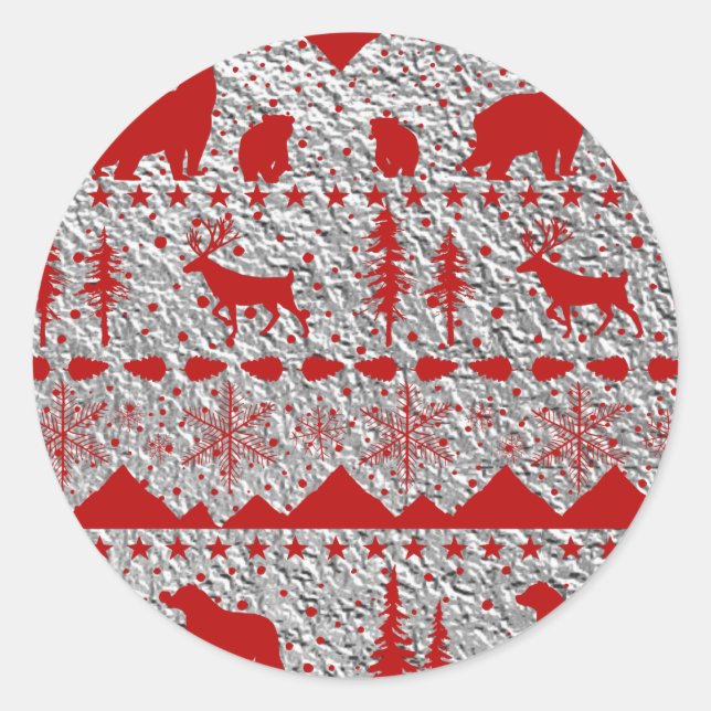 Nordic Sweater Red Winter Animals Silver Runder Aufkleber (Vorderseite)