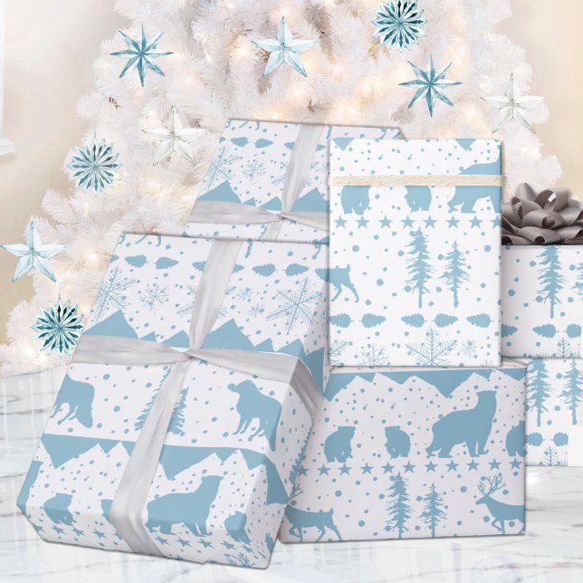 Nordic Sweater Sky Blue Winter Animals White Geschenkpapier (Nordic Sweater White & Blue Winter Animals Christmas Holiday Wrapping Paper Rolls)