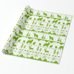 Nordic Sweater White and Lime Green Winter Animals Geschenkpapier