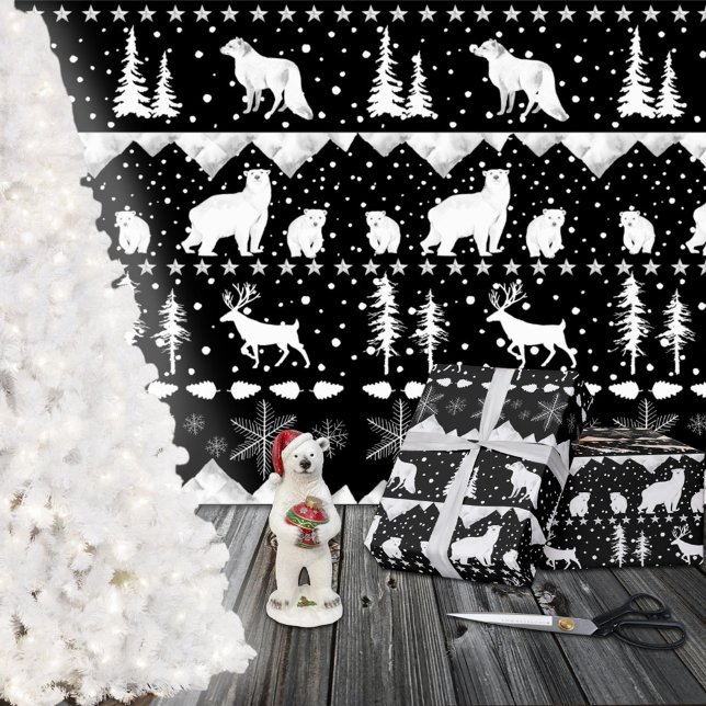 Nordic Sweater White Winter Animals Black Geschenkpapier (Nordic Sweater White Winter Animals Black Christmas Holiday Gift Wrapping Rolls)
