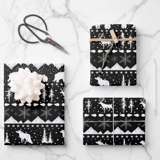 Nordic Sweater White Winter Animals Black Geschenkpapier Set (Vorderseite)