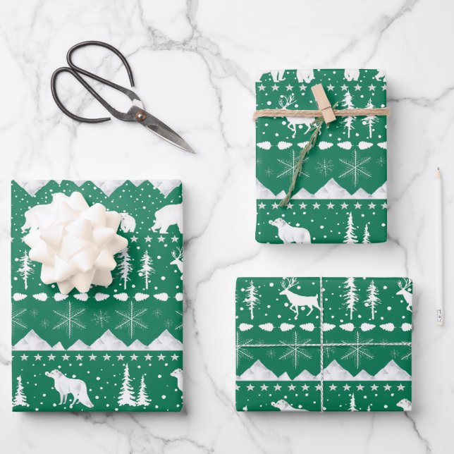 Nordic Sweater White Winter Animals Forest Green Geschenkpapier Set (Vorderseite)