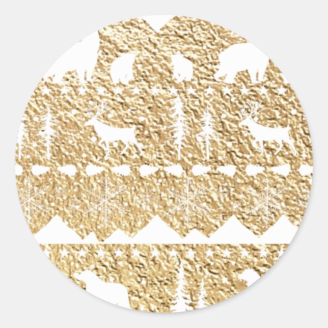 Nordic Sweater White Winter Animals Gold Classic R Runder Aufkleber (Vorderseite)