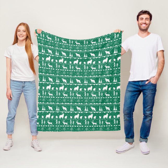 Nordic Sweater White Winter Animals Green Fleecedecke (Beispiel)