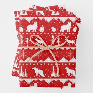 Nordic Sweater White Winter Animals Holiday Red Geschenkpapier Set