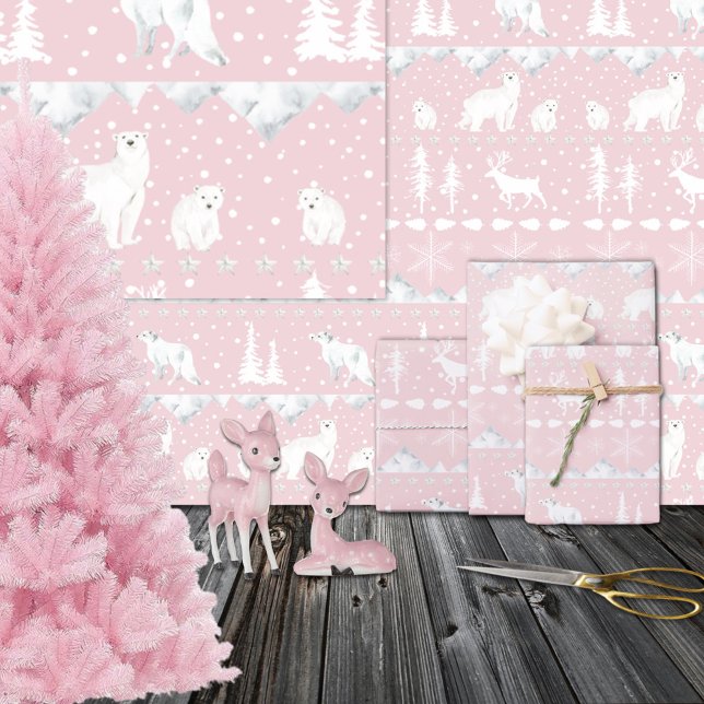 Nordic Sweater White Winter Animals Hübsch Pink Geschenkpapier (Nordic Sweater White Winter Animals Pretty Pink Wrapping Paper Rolls)