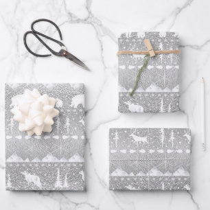 Nordic Sweater White Winter Animals Silver Ripple Geschenkpapier Set