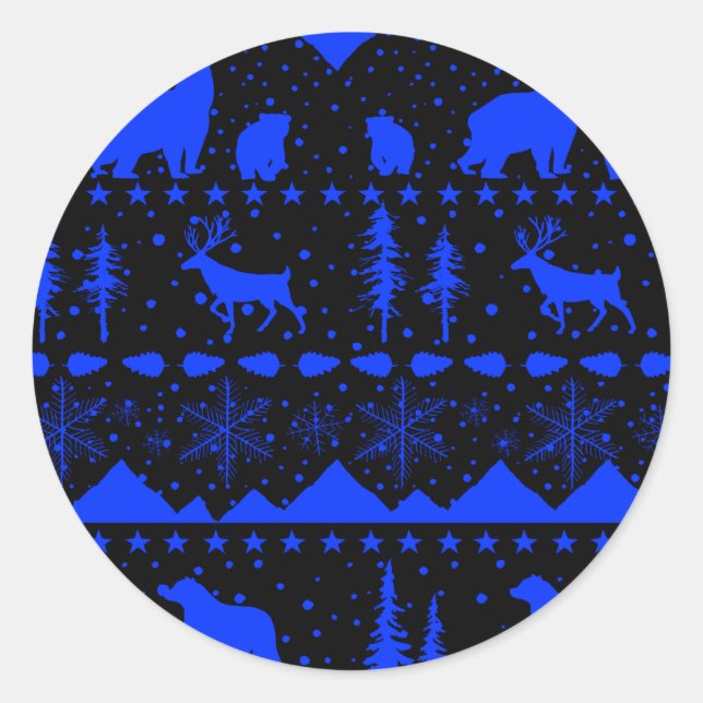 Nordic Sweater Winter Animals Royal Blue & Black Runder Aufkleber (Vorderseite)