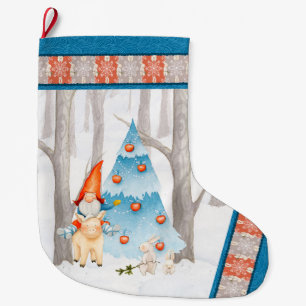 Nordic Tomte Gnome und Schwein im Wald Großer Weihnachtsstrumpf