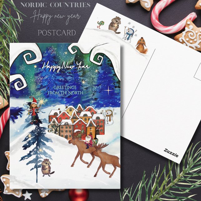  Nordic Village Boreal Lights Hand Painted Postkarte (Nordic Village Boreal Lights Hand Painted Postcard)