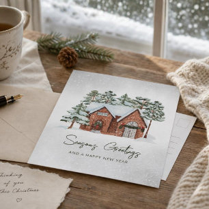 Nordic Watercolor Schneeflocken Pinienwälder Weihn Feiertagspostkarte