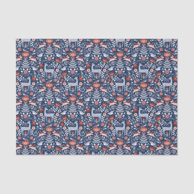 Nordic Woodland Animals Blaues Muster Seidenpapier (Vorderseite)