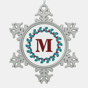 Nordisch Rot Blau Vintage Kranz Monogramm Schneeflocken Zinn-Ornament