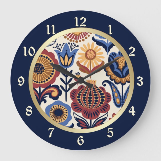 Nordische Blume Folkloremuster Große Wanduhr (Vorderseite)