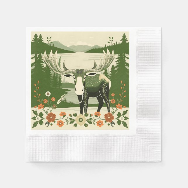 Nordische Elche mit Blumenmuster Serviette (Vorderseite)