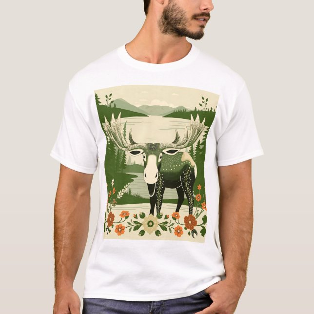 Nordische Elche mit Blumenmuster T-Shirt (Vorderseite)